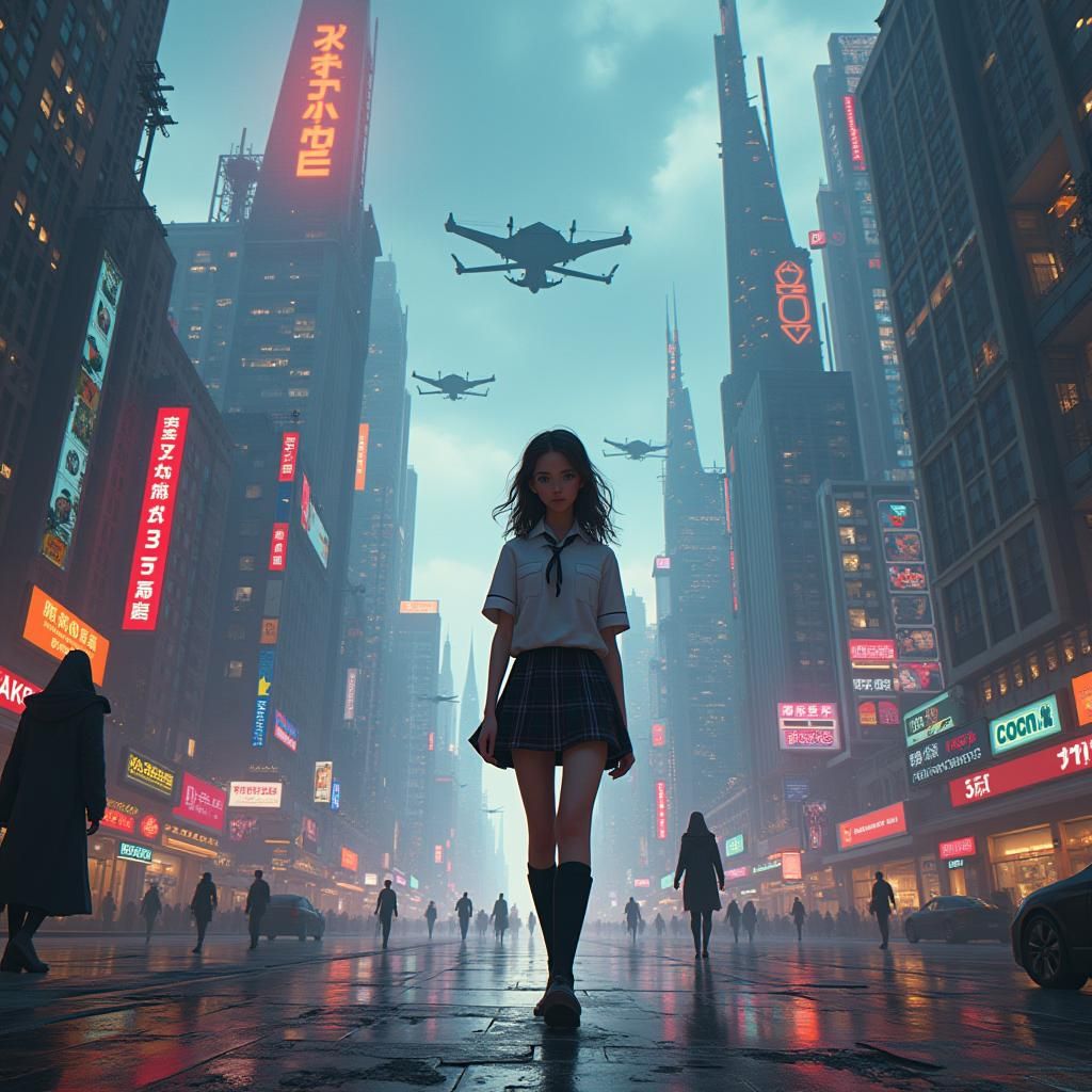 Futuristic Cityscape: Teenager Among Aliens and AI