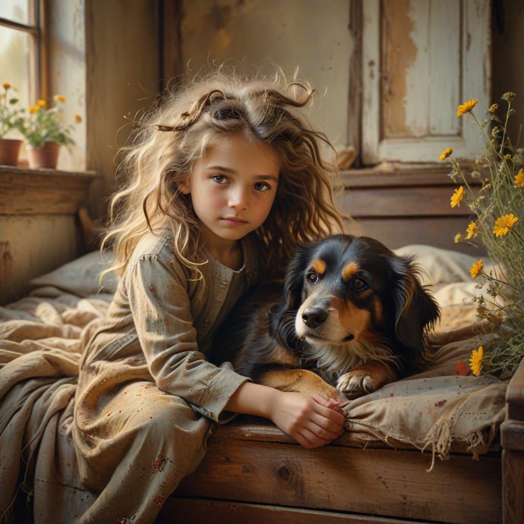 Girl with Dog in Whimsical Oil Painting