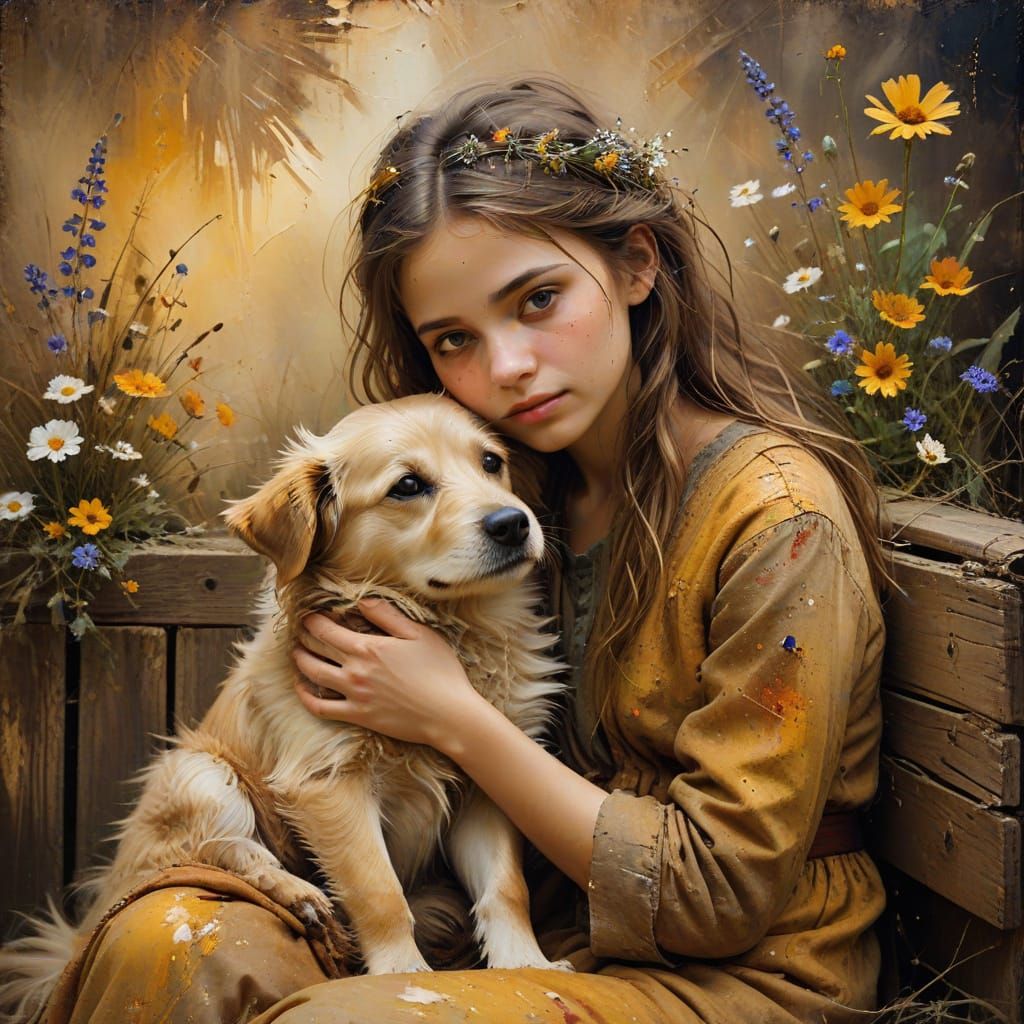 Girl and Dog: Whimsical Oil Painting in Earth Tones