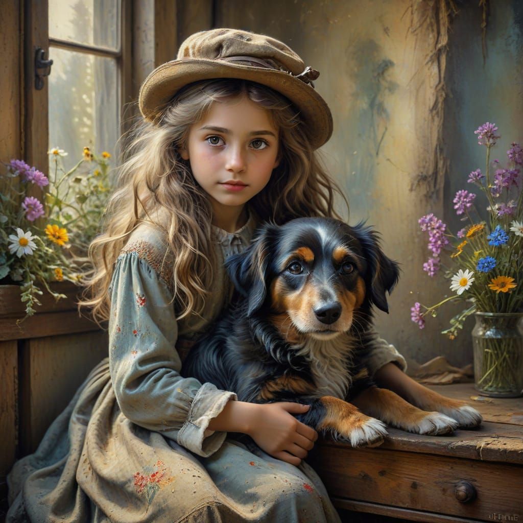 Girl Hugging Dog in Whimsical Oil Painting Style