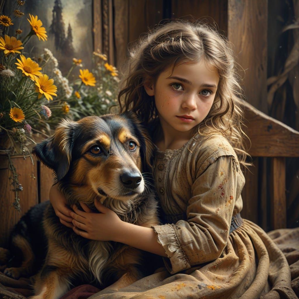 Girl and Dog: Expressive Oil Painting Portrait