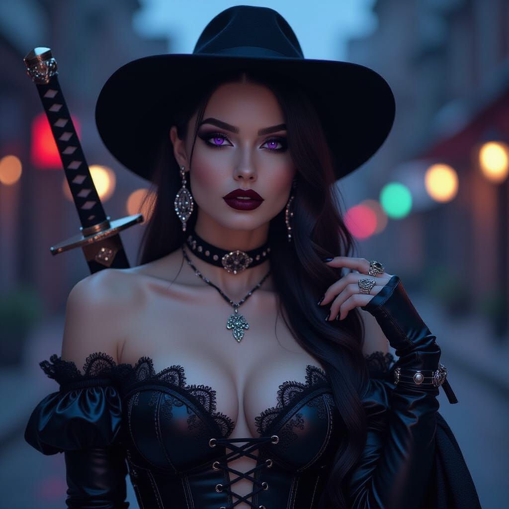 Gothic Woman with Nodachi in Urban Night Scene