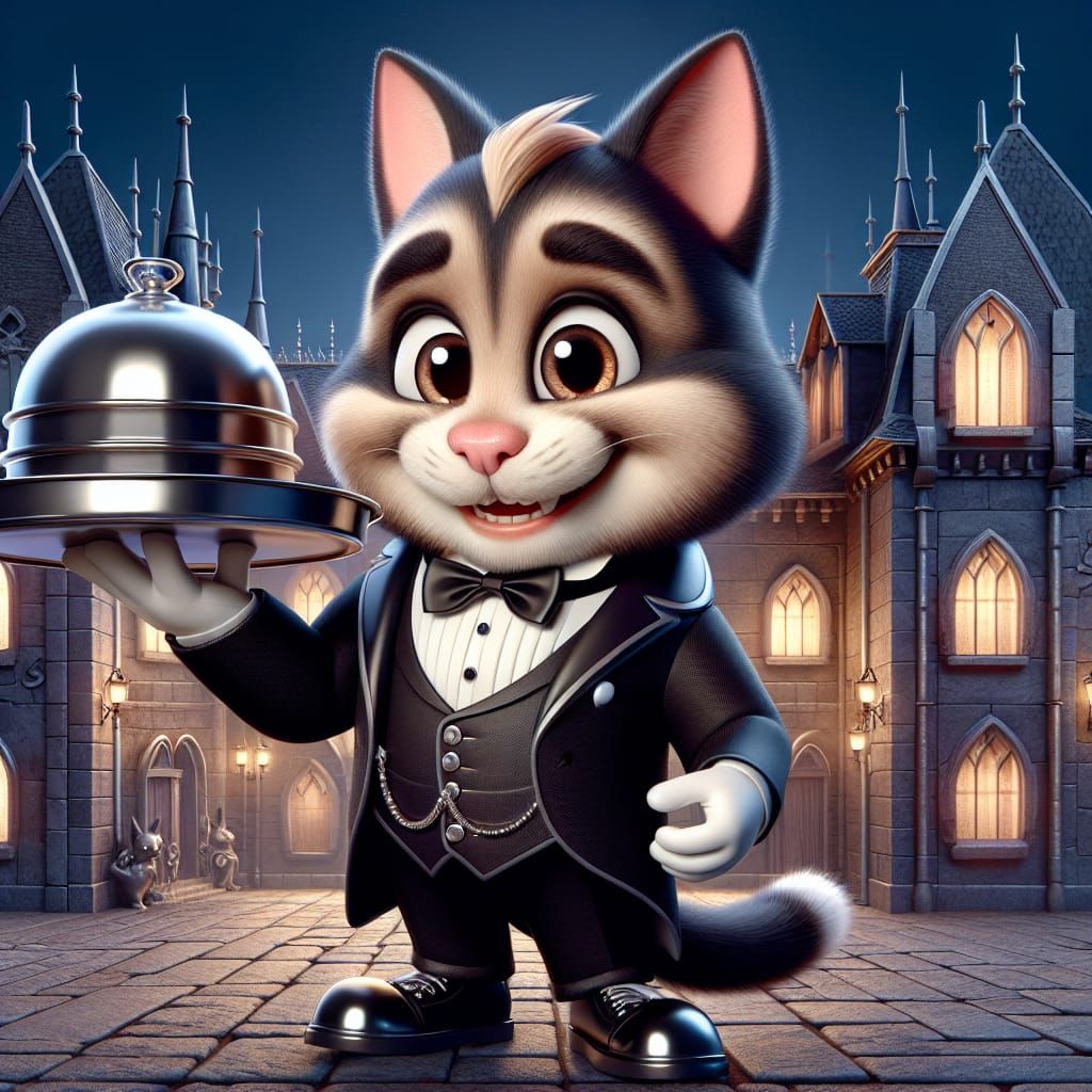 Cartoon Butler Cat in Haunted House
