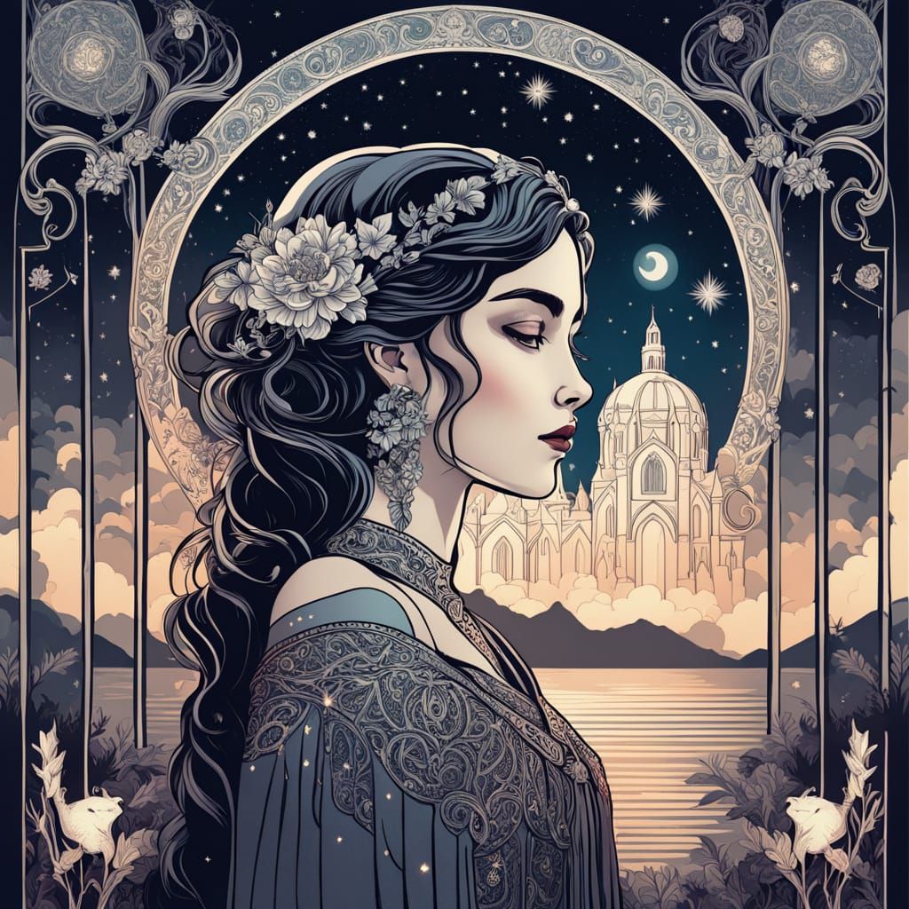 Mystical Woman in Grand Cathedral Under Starry Galactic Sky