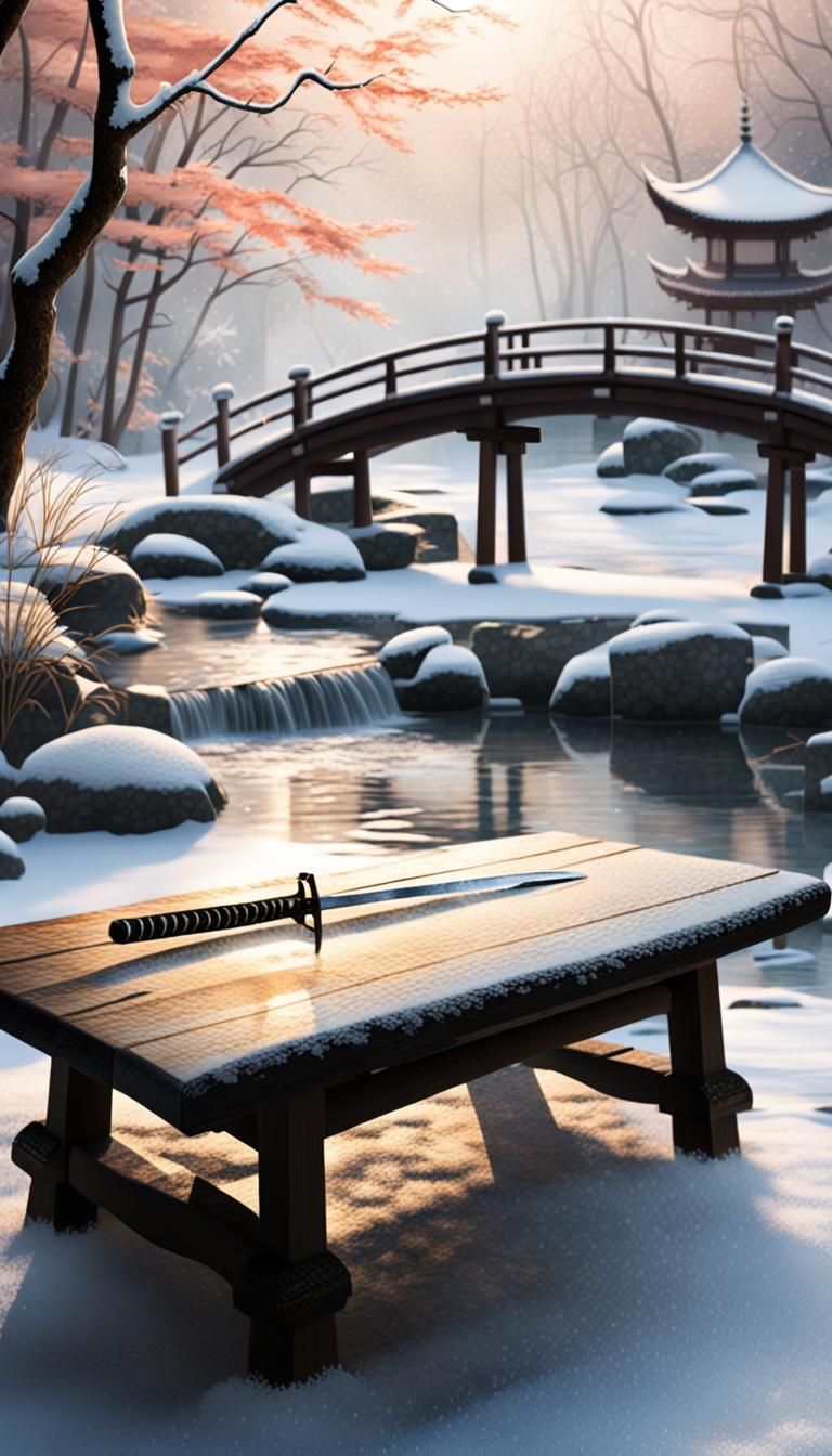 Katana on Japanese Table in Kuwashii Ink Style