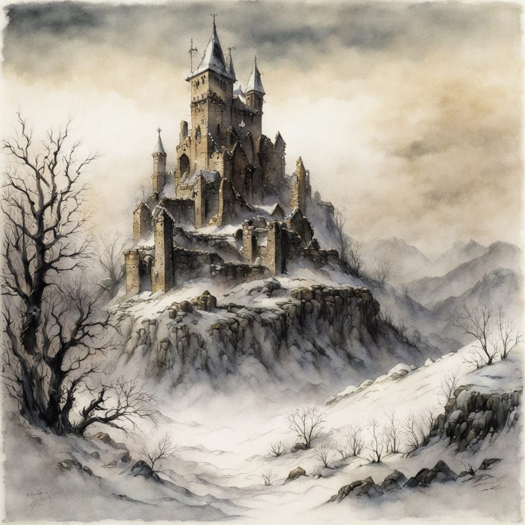 Medieval Ruin Winter Landscape in Watercolour and Ink