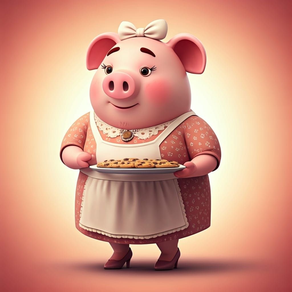 Mother Pig Cake in Dress, Pixar-Style 3D Art