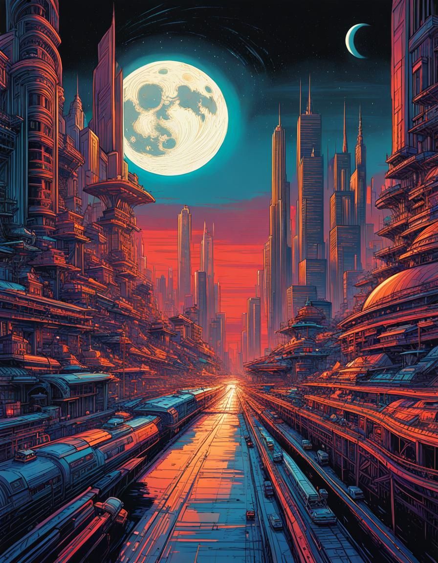 City on the Moon in Ornate Bold Line-work