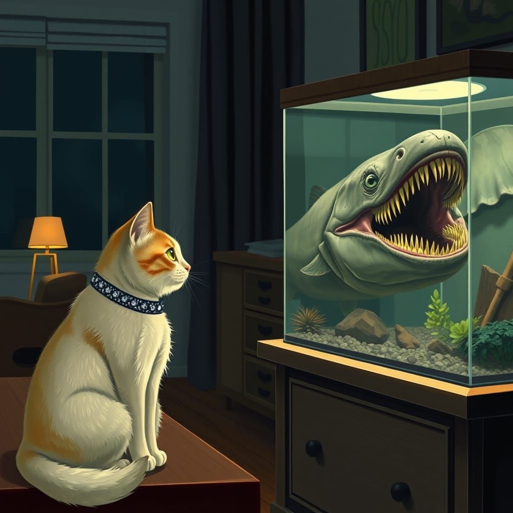 A cat staring at an enormous razor sharp toothed fish in a living room fish tank