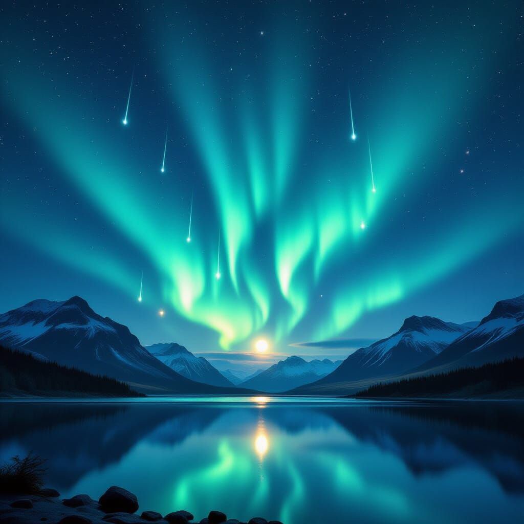 Meteor Shower & Aurora Over Mountains