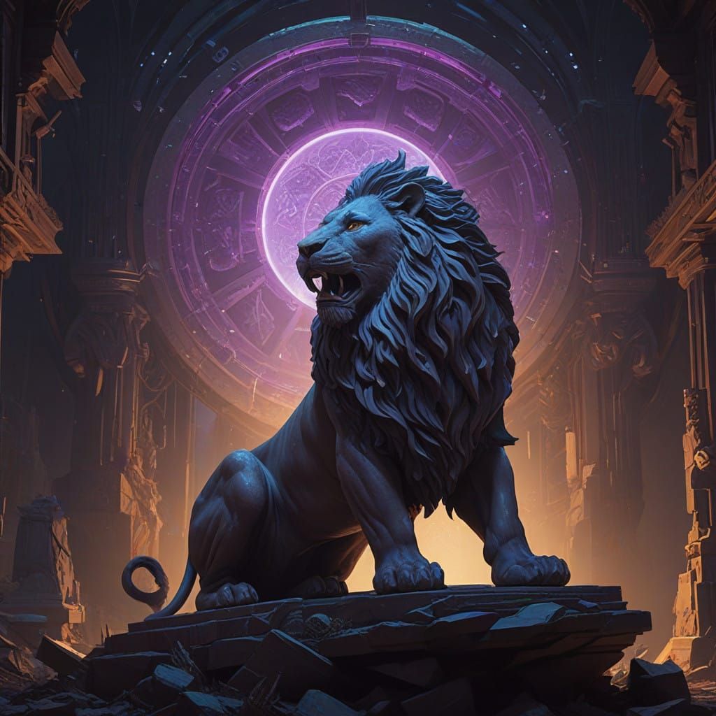 Regal Lion Sculpture in Ethereal Cosmic Dance of Nebulae and...