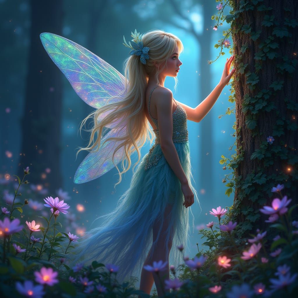 Ethereal Fairy in Twilight Forest, Digital Painting in Fanta...