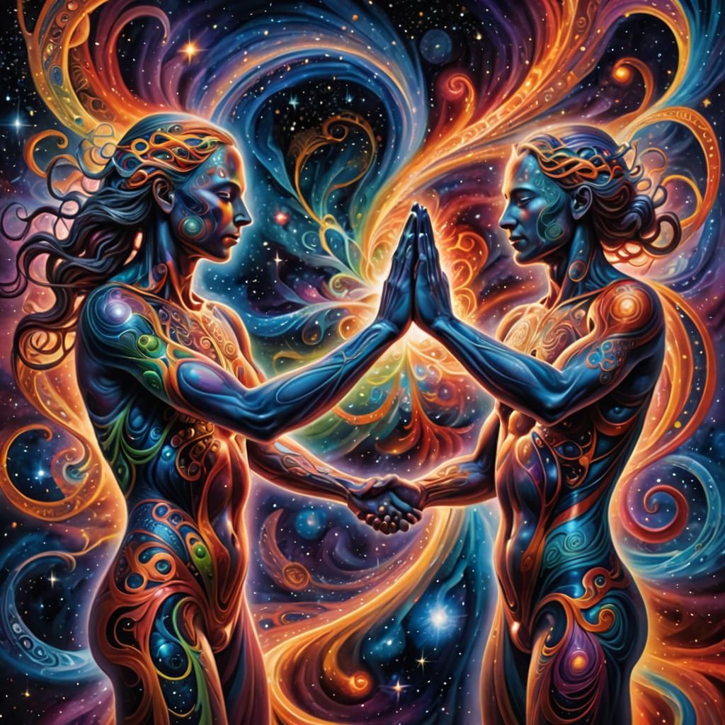 Ethereal Figures High-Five in Cosmic Landscape