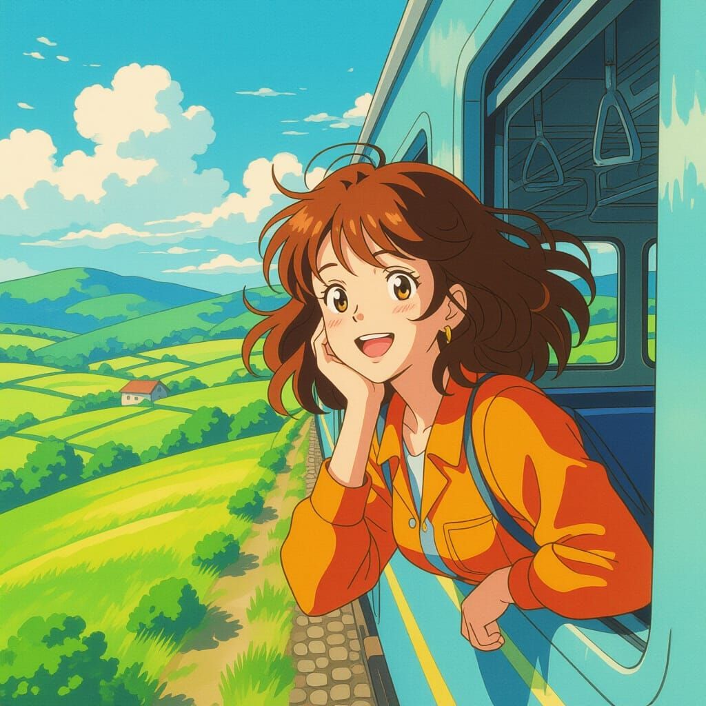 Anime Woman Gazing at Countryside in Watercolor Style