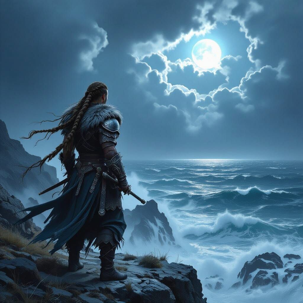 Viking Warrior Overlooking Stormy Sea in Fantasy Art