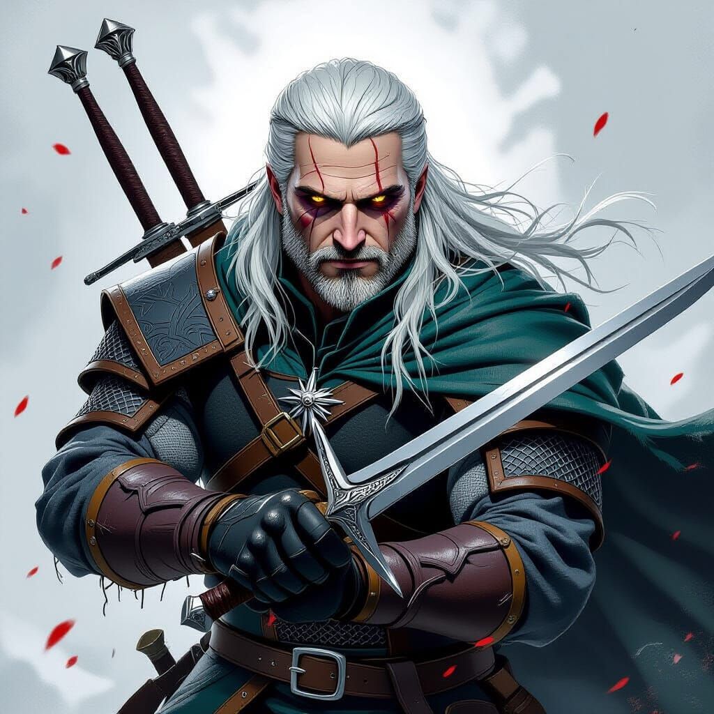 Geralt of Rivia in Battle: A Dark Fantasy Portrait