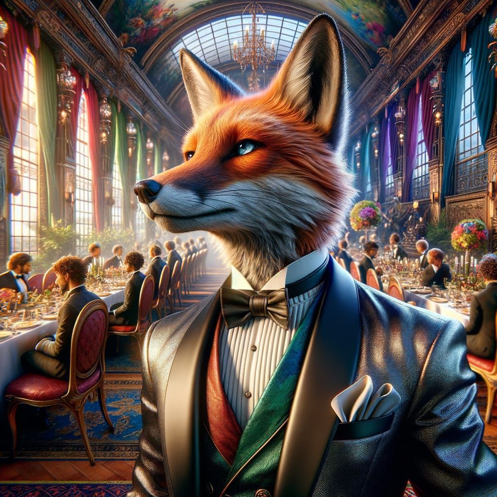 Stylish Fox in Tuxedo at Fantasy Dinner Party