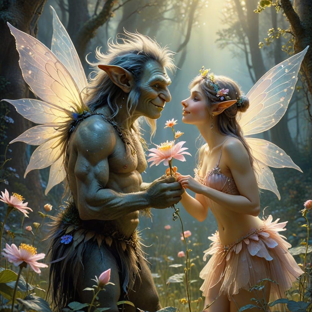 Troll and Fairy: Whimsical Ink Painting