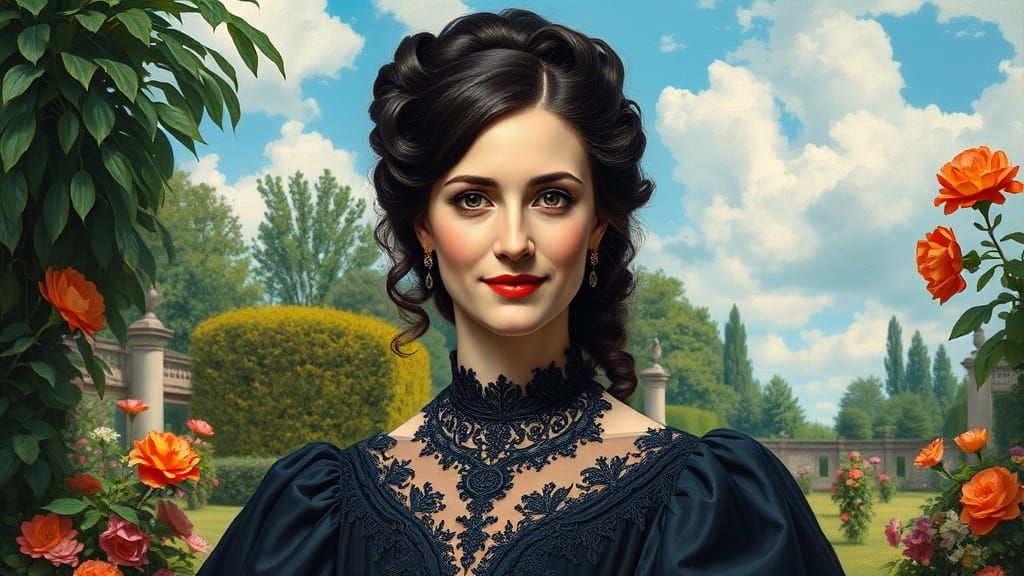 Elegant Woman in 1880s Gown, Inspired by Post-Impressionism