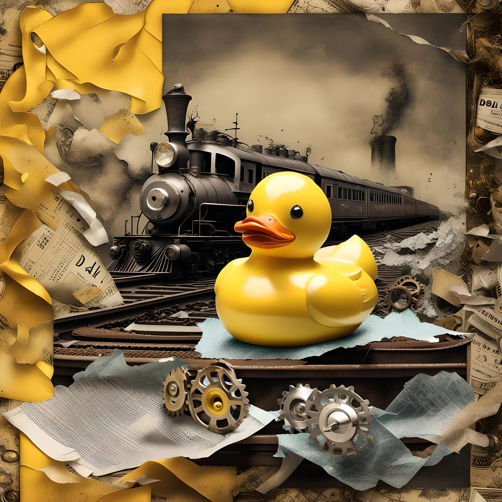 Surreal Train Crash Scene with Rubber Duck