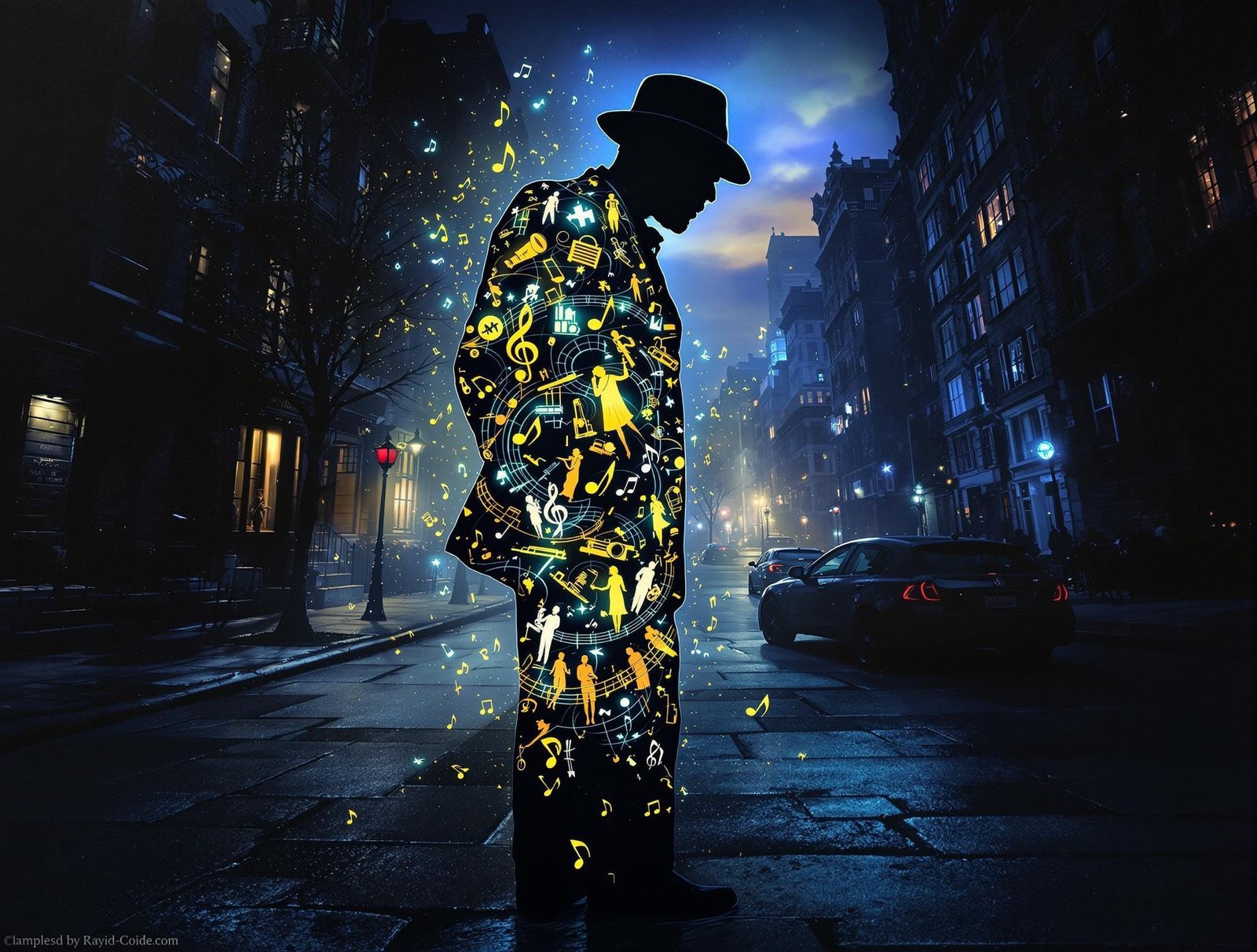 Elderly Jazz Legend in Radiant, Geometric Glory