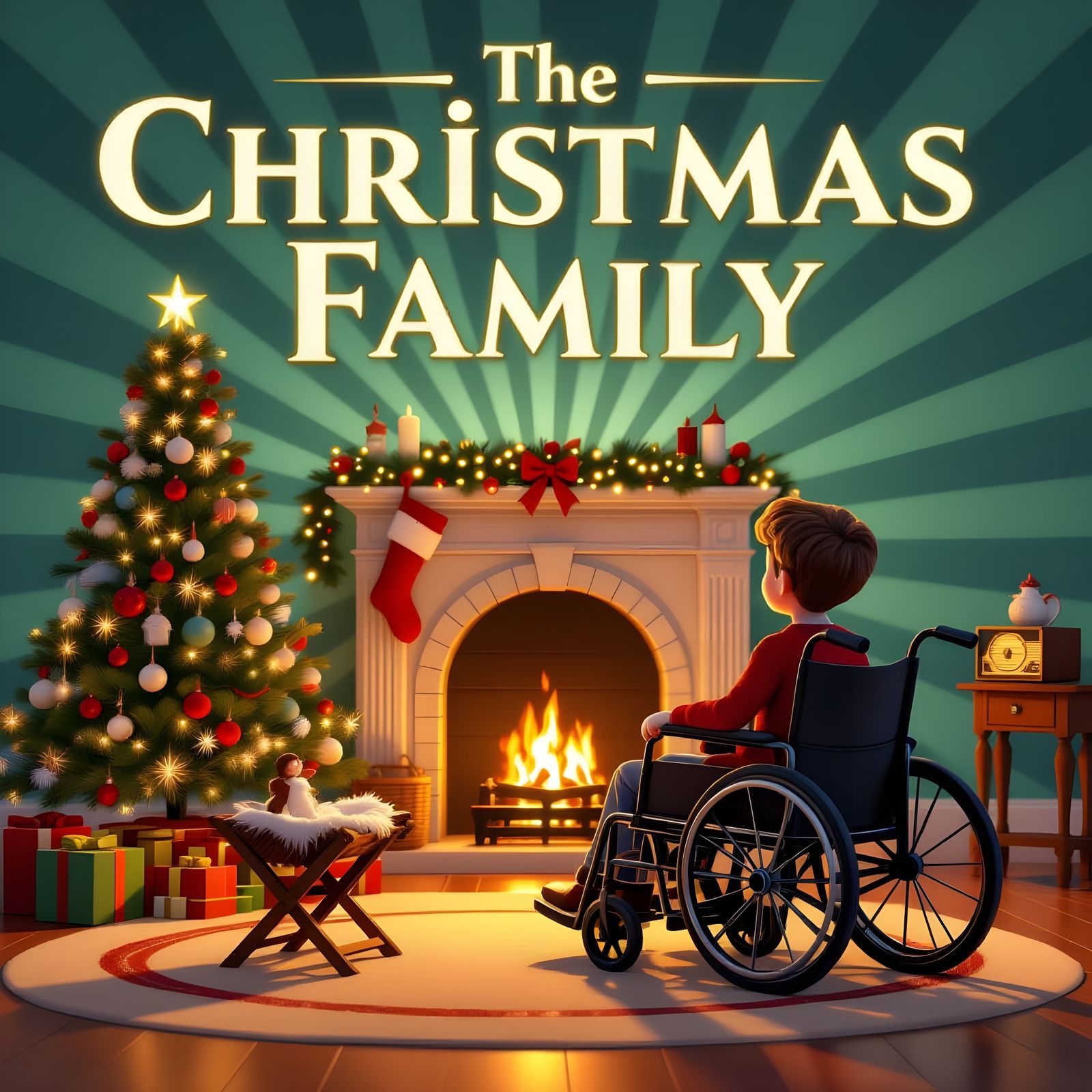 Boy in Wheelchair by Christmas Fireplace