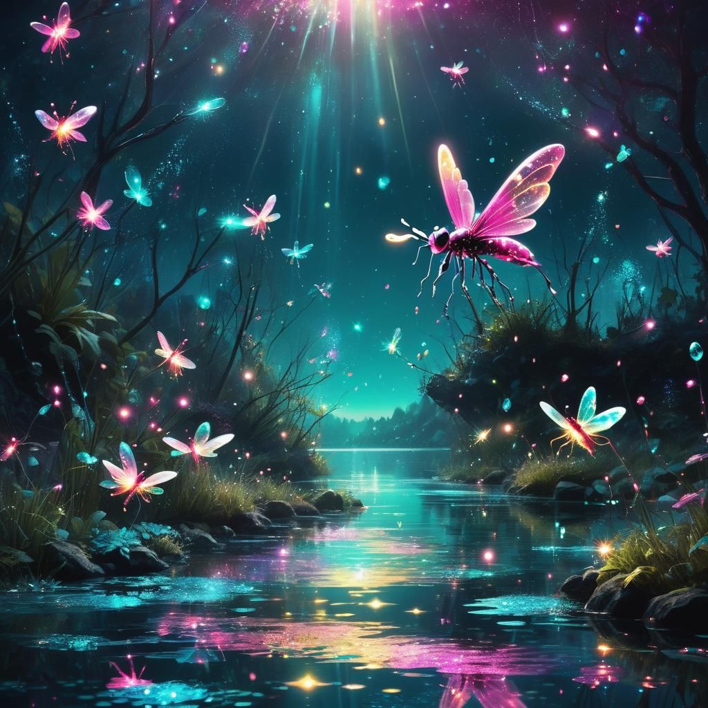 Luminescent Fairyworld Landscape with Translucent Wings