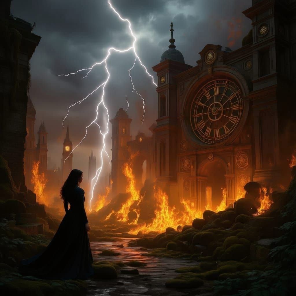 Woman in Overgrown City Ruins with Clockwork Mechanisms