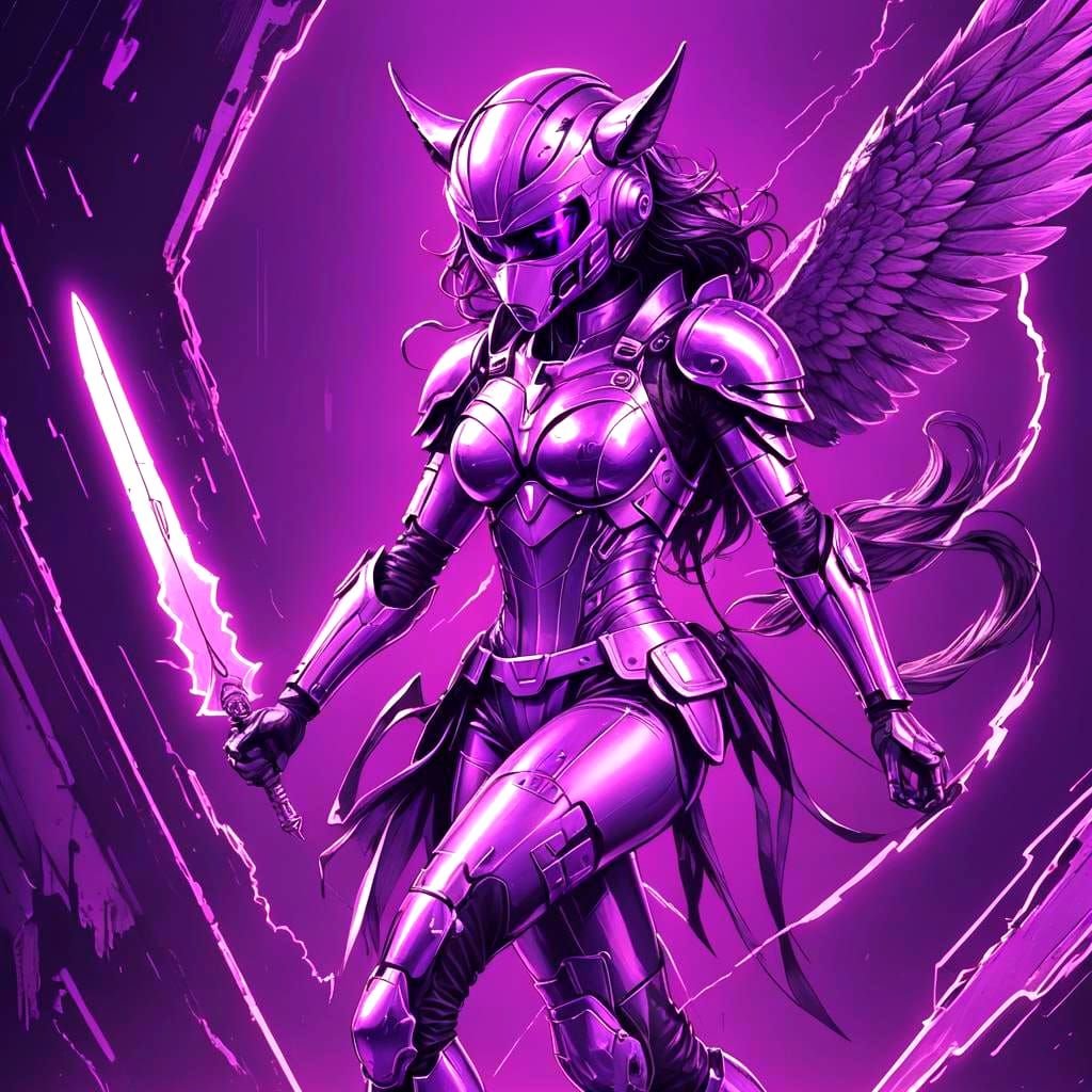 Cybernetic Wolf Superheroine in Royal Purple Action Scene