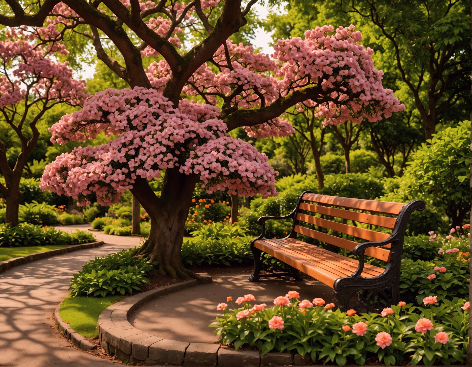 Hyperrealistic Park Bench in Botanical Garden