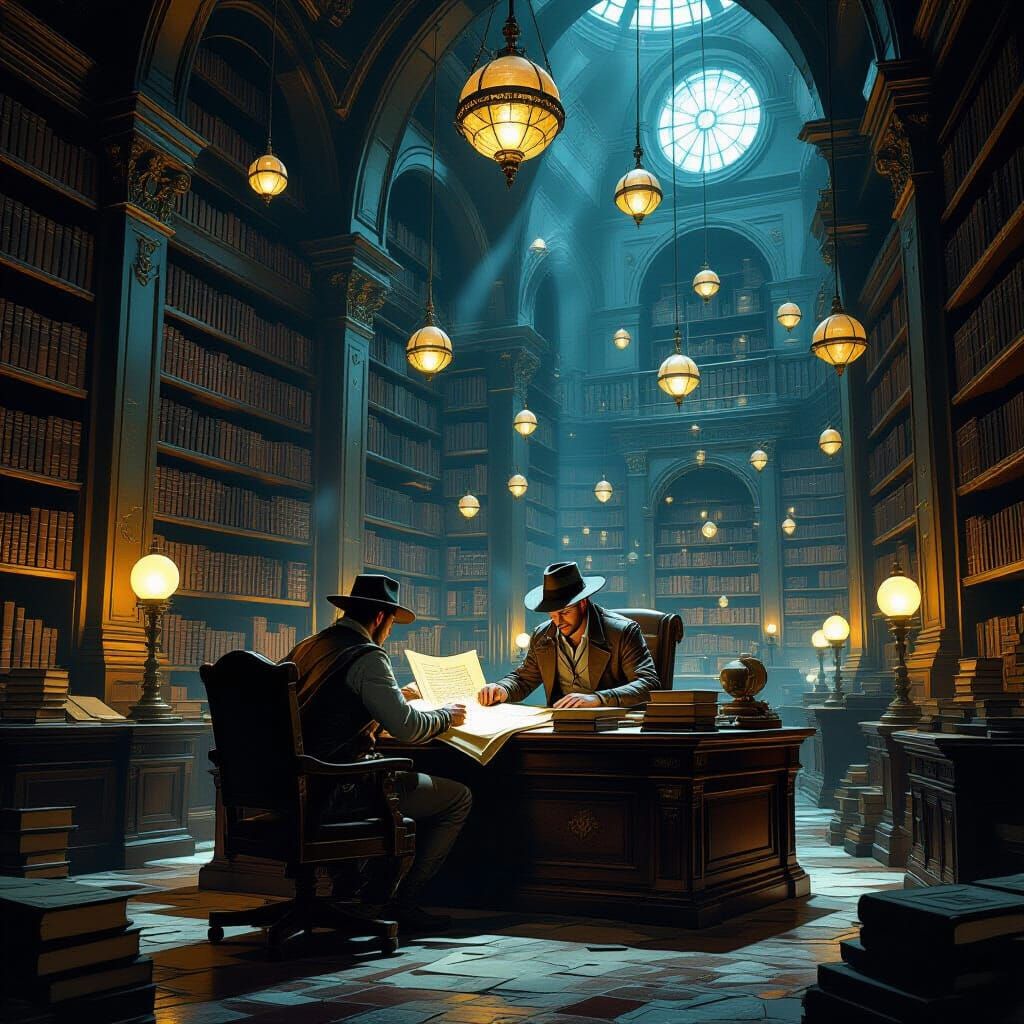 Ancient Library of Glowing Tomes in Ethereal Light