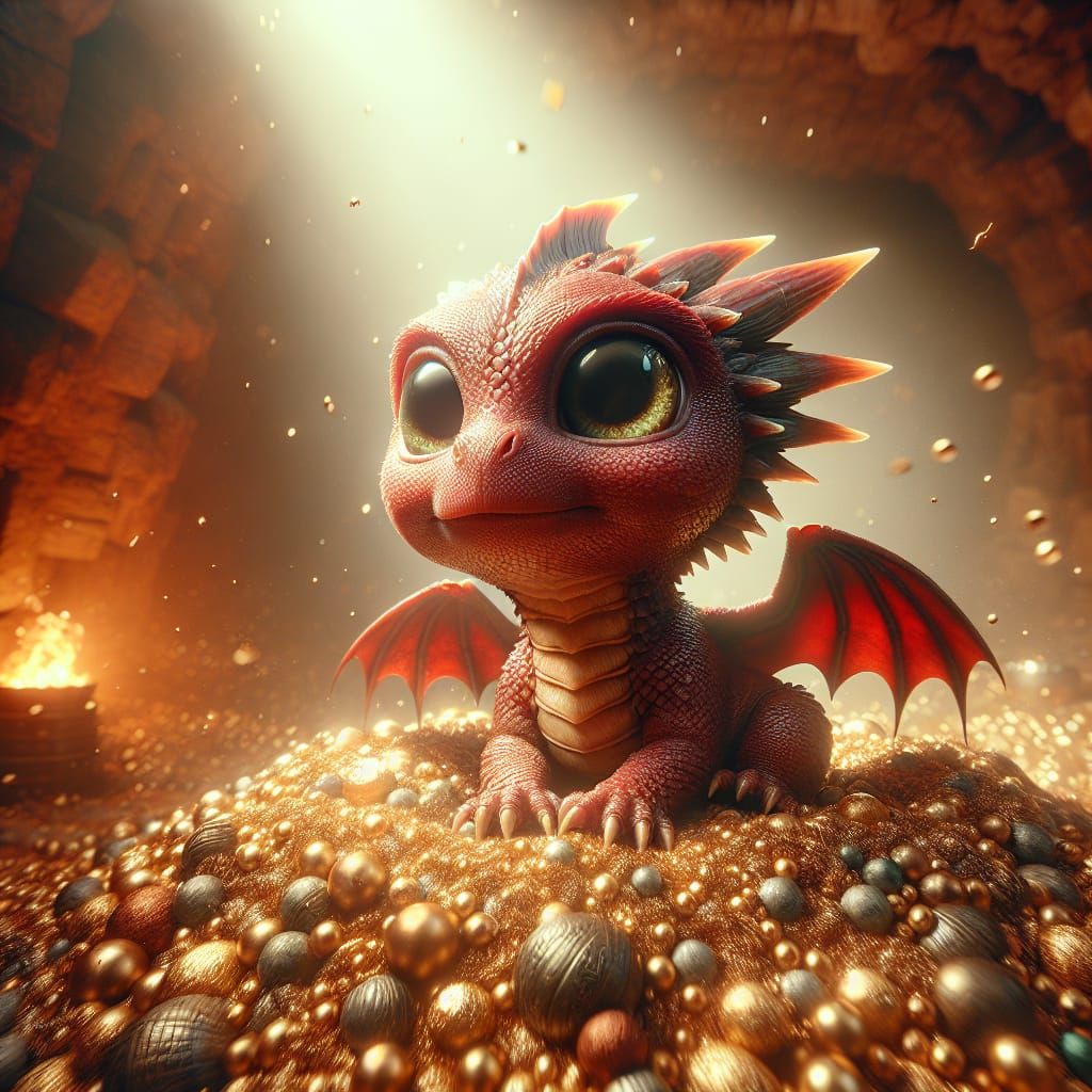 Cute Baby Red Dragon Amidst Golden Treasure