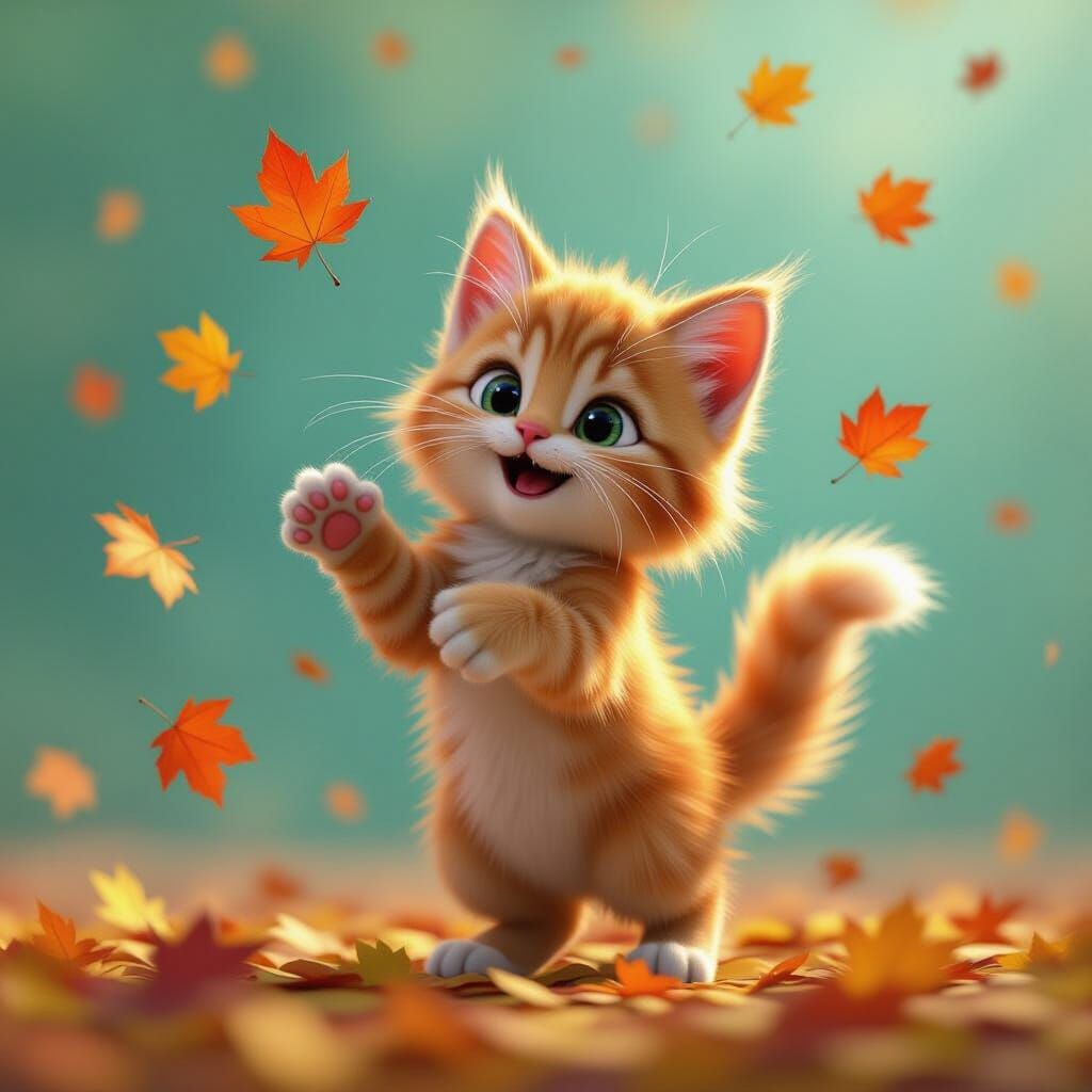 Ginger Kitten Pounces on Autumn Leaves in Pixar Style