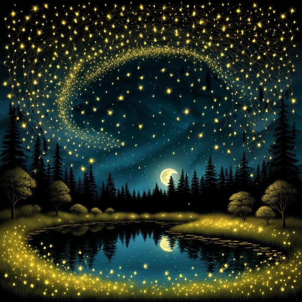 Magical Crescent Moon and Fireflies Twinkling