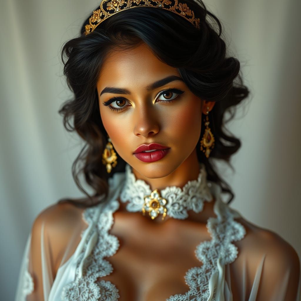 Elegant Woman with Golden Tiara in Photorealistic Style