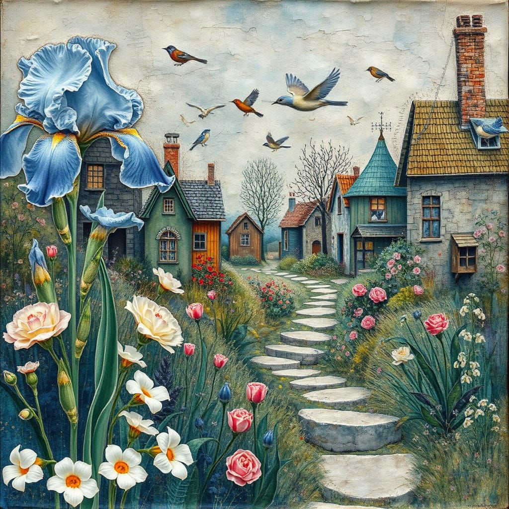 Surrealistic Garden of Blue Iris and Roses in Mixed Media Ar...
