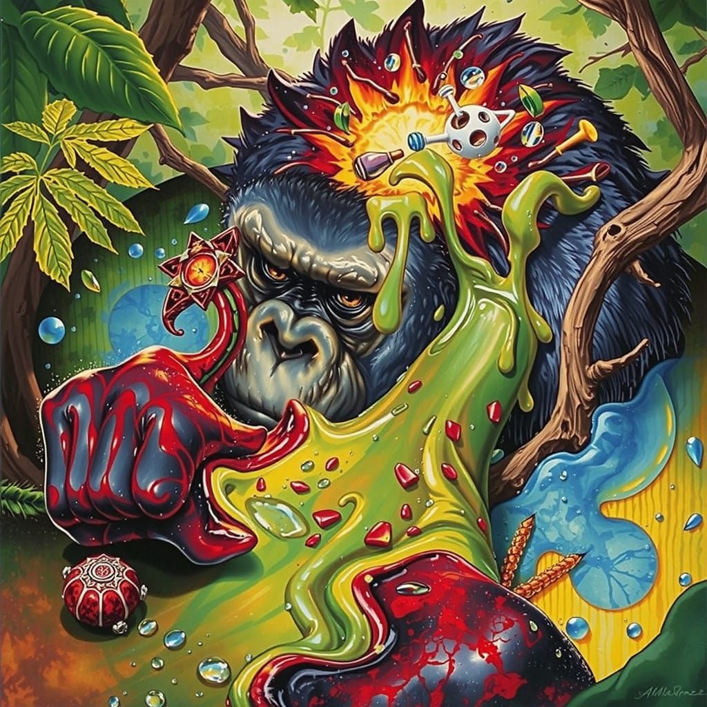 Surreal Hydraulic Fluid Collage in Triadic Colors