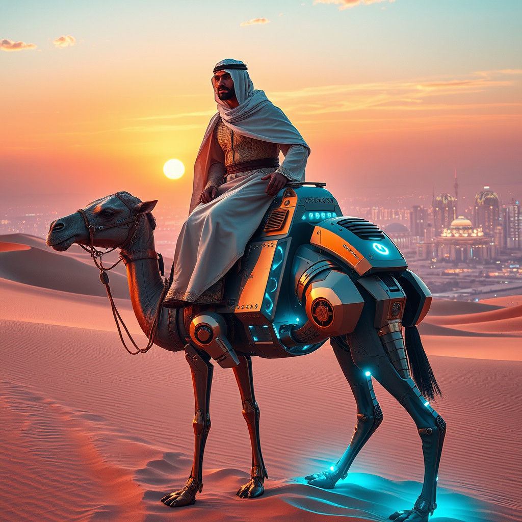 Futuristic Laurence of Arabia, robotic camel