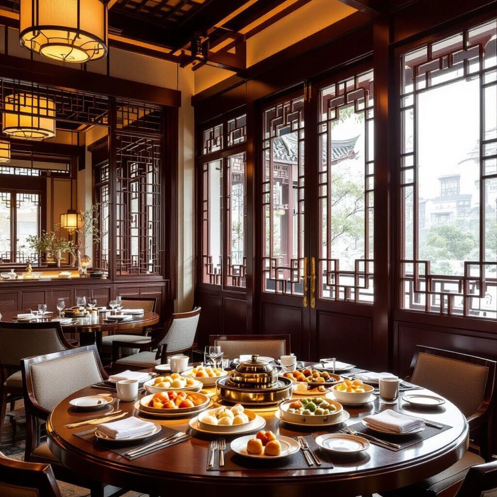 Elegant Dim Sum Restaurant Interior with Ming Dynasty Accent...