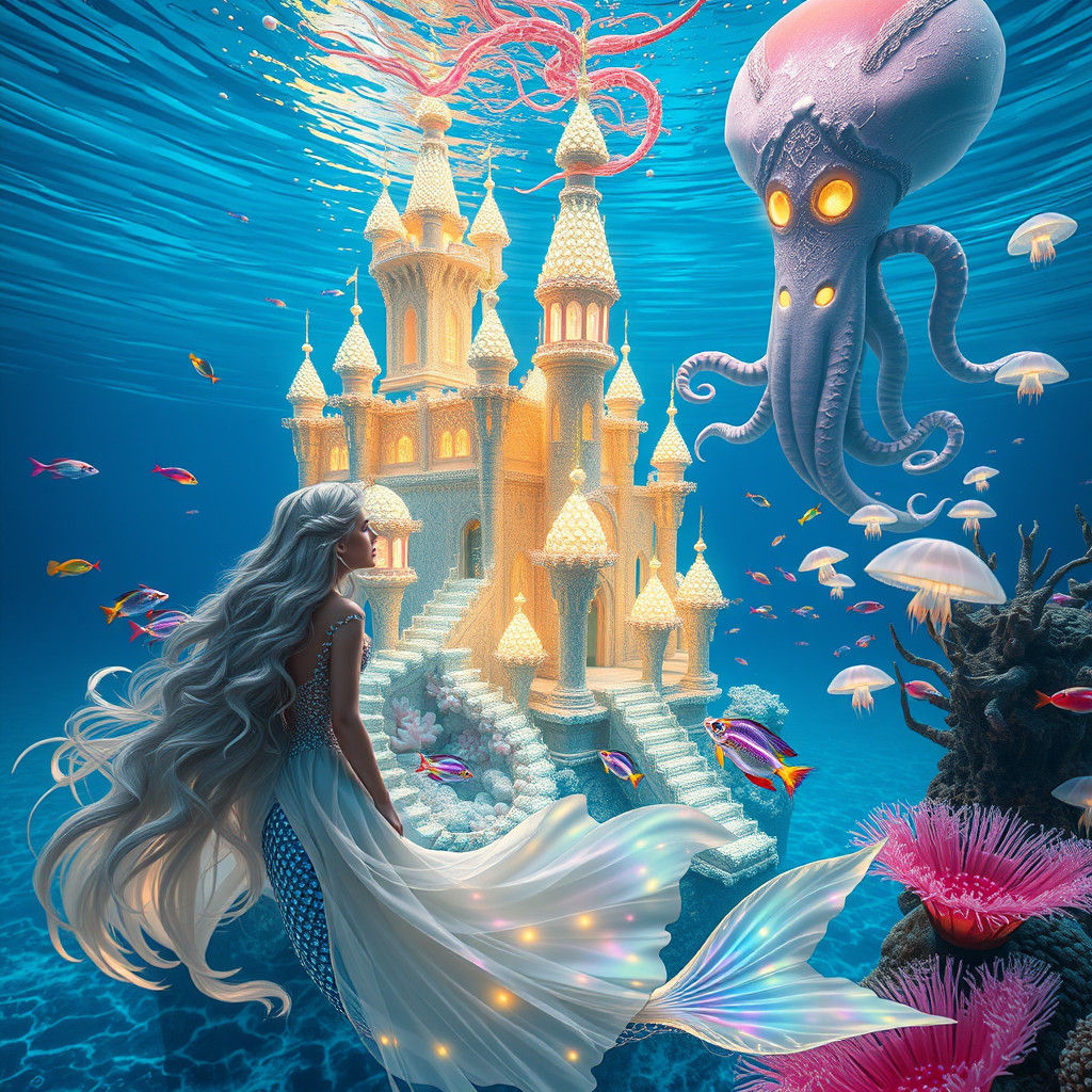 Mystical Mermaid and Bioluminescent Coral Castle