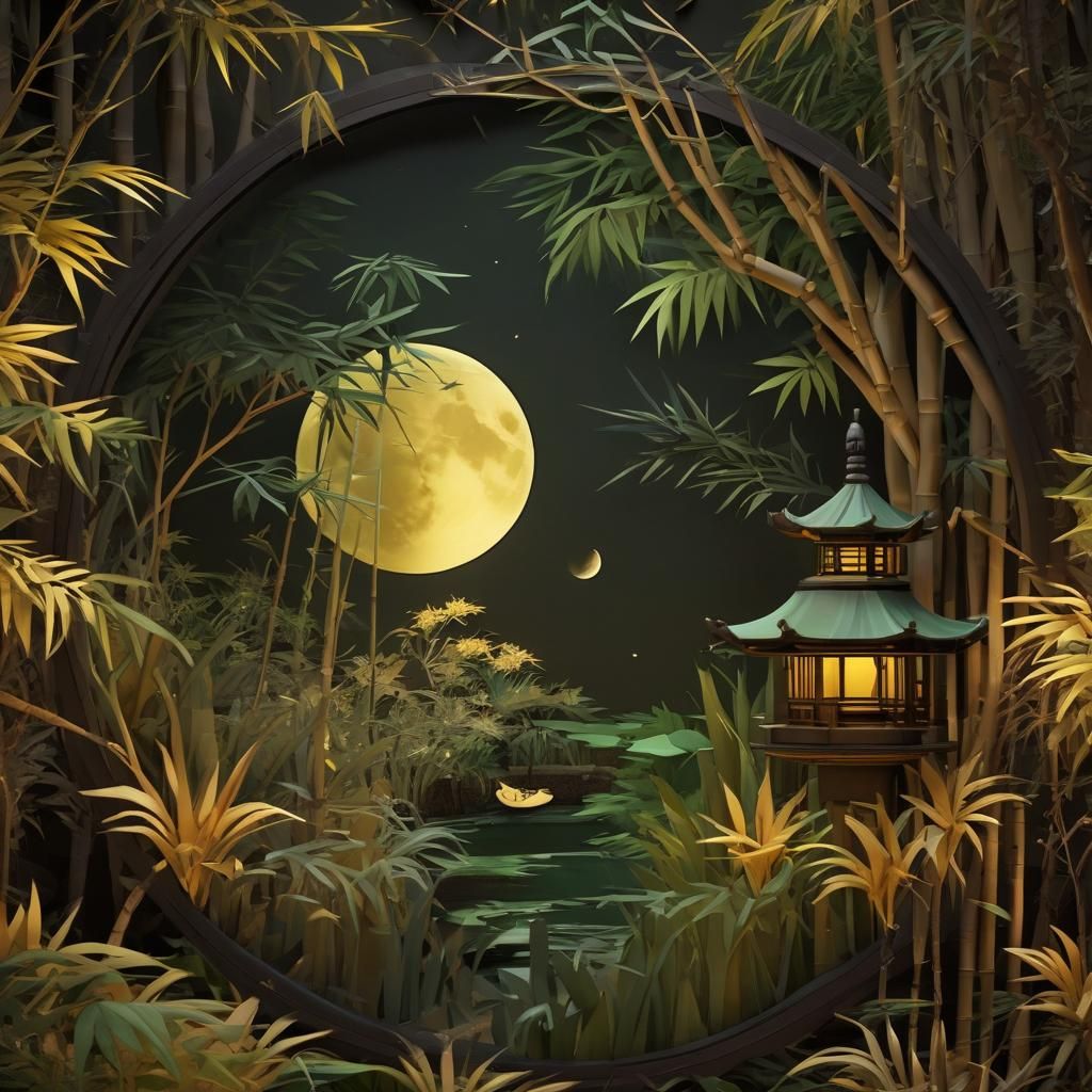 Vibrant Low-Poly Asian Garden Under Moonlight