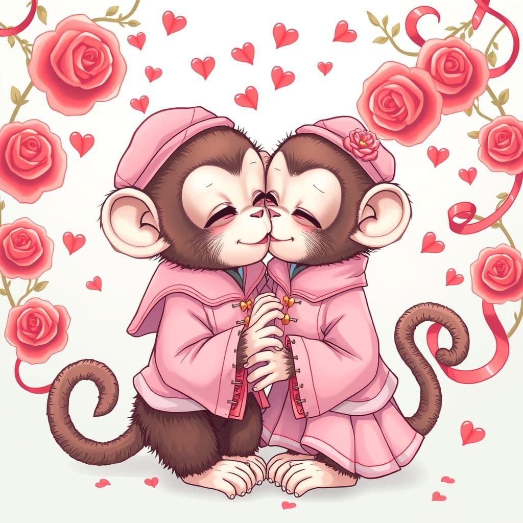 Whimsical Anime Monkeys Share a Sweet Valentine's Kiss