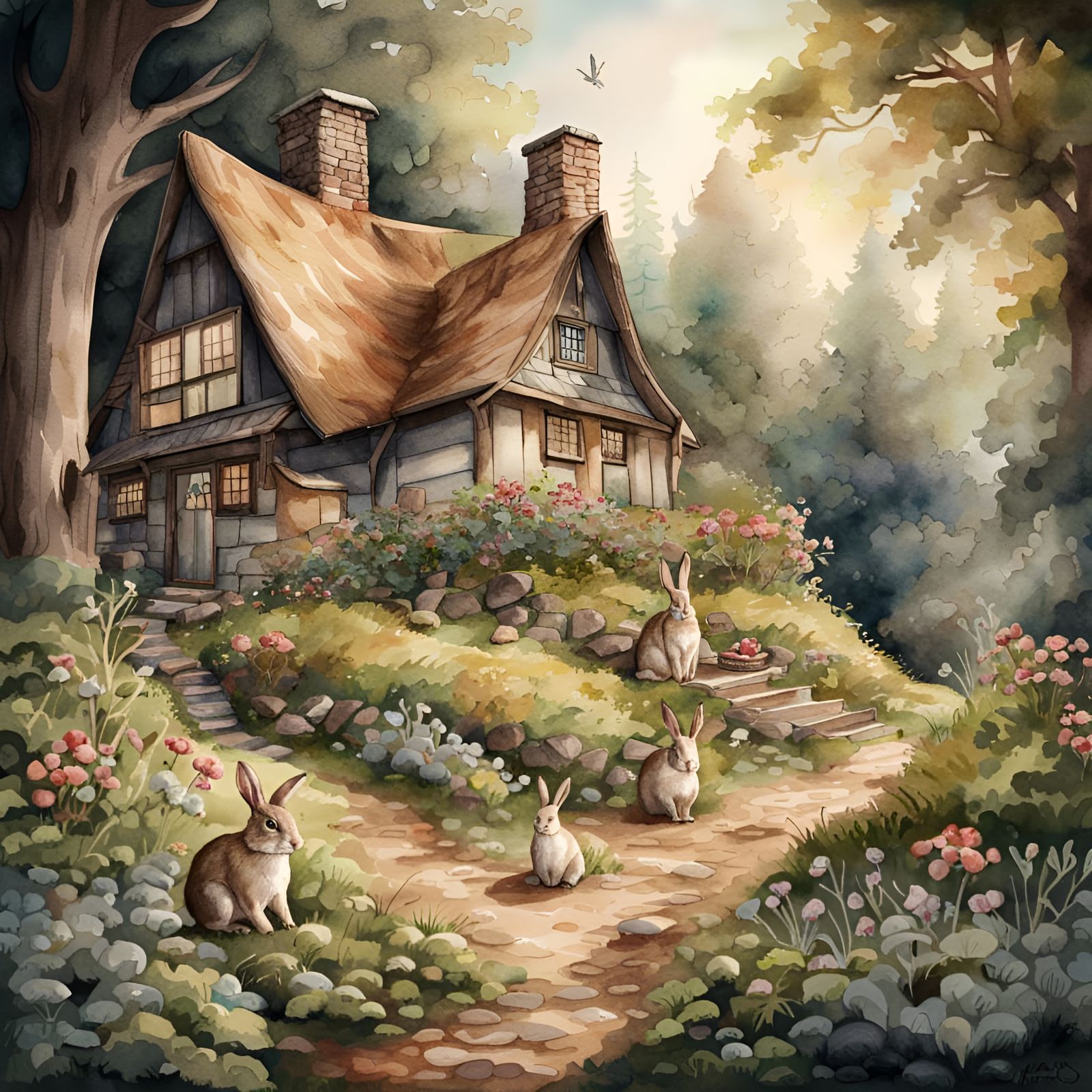 Watercolor Cottagecore Scene with Rabbits
