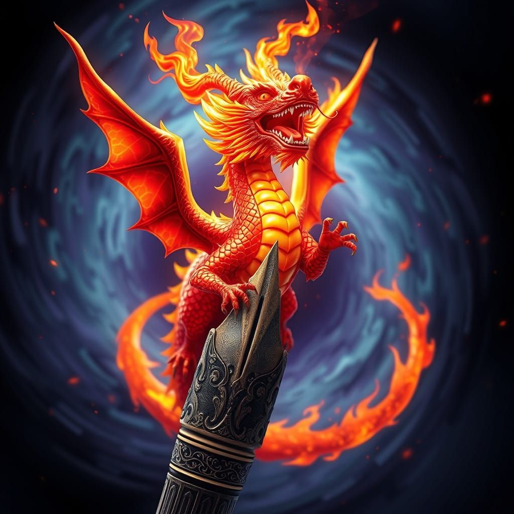 Fantasy Dragon Emerges from Calligraphy Pen in Vibrant Color...
