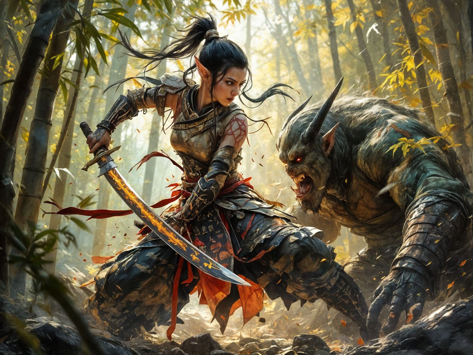 Female Elf Samurai Fighting Orc as Impasto Painting