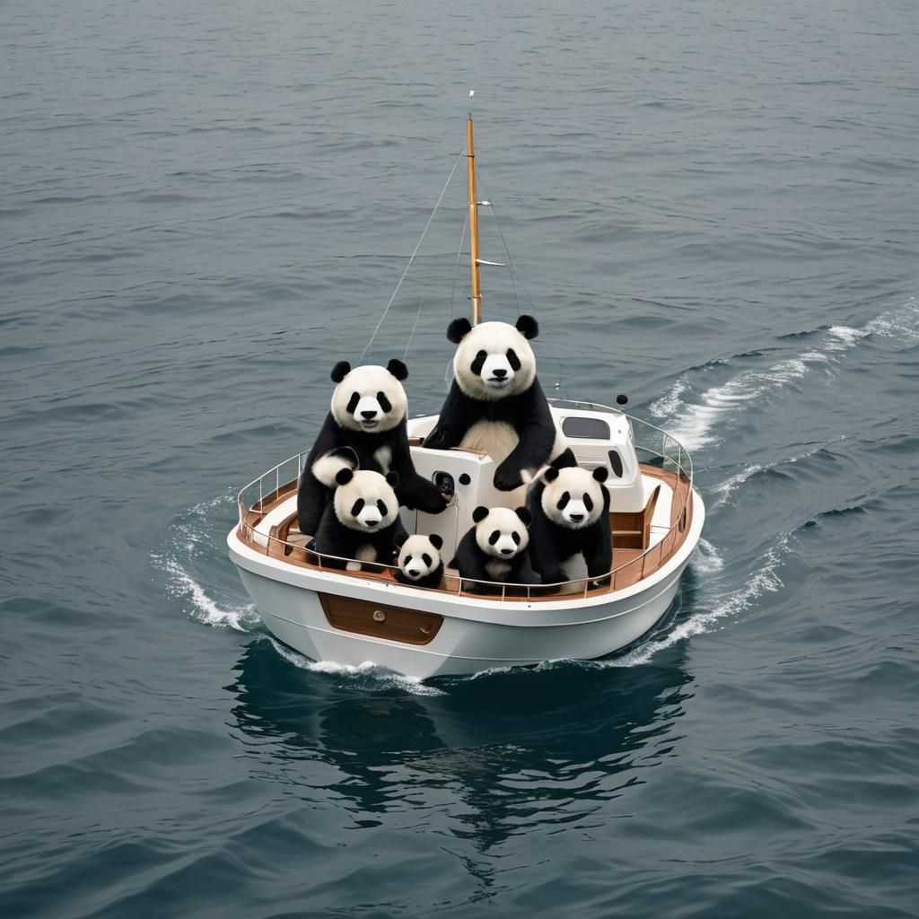 Two Pandas on a Yacht in the Ocean