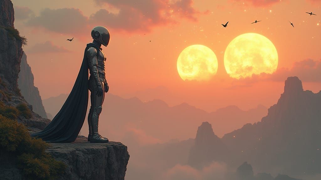 Solitary Figure on Alien Cliff in Sci-Fi Landscape