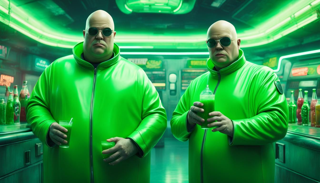 Futuristic Bald Men Enjoying Green Soda in Space
