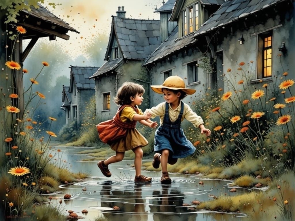 Joyful Rascals Leap into Evening Puddles in Whimsical Waterc...