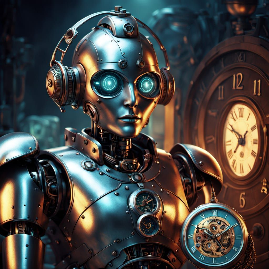 Past and Future: Old Clock Meets Futuristic Robot